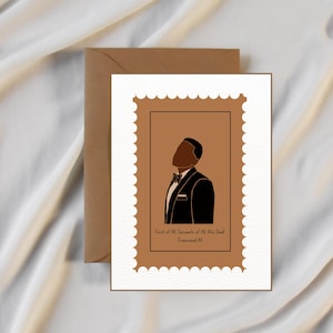 May include: Greeting card with a brown envelope. The card features a brown and white design with a silhouette of a person in a tuxedo. The text reads "First of All Servants of All We Shall Transcend All."