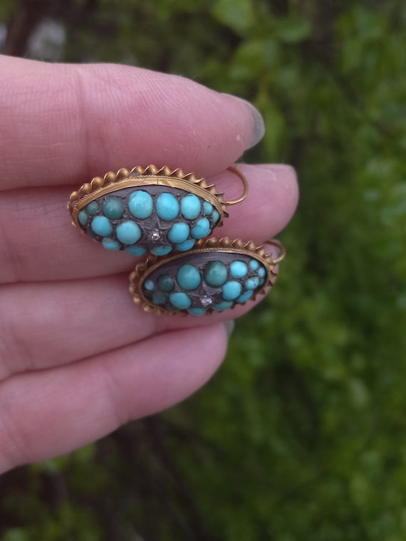 Victorian 15k Gold Diamond Turquoise Pave Earring… - image 7