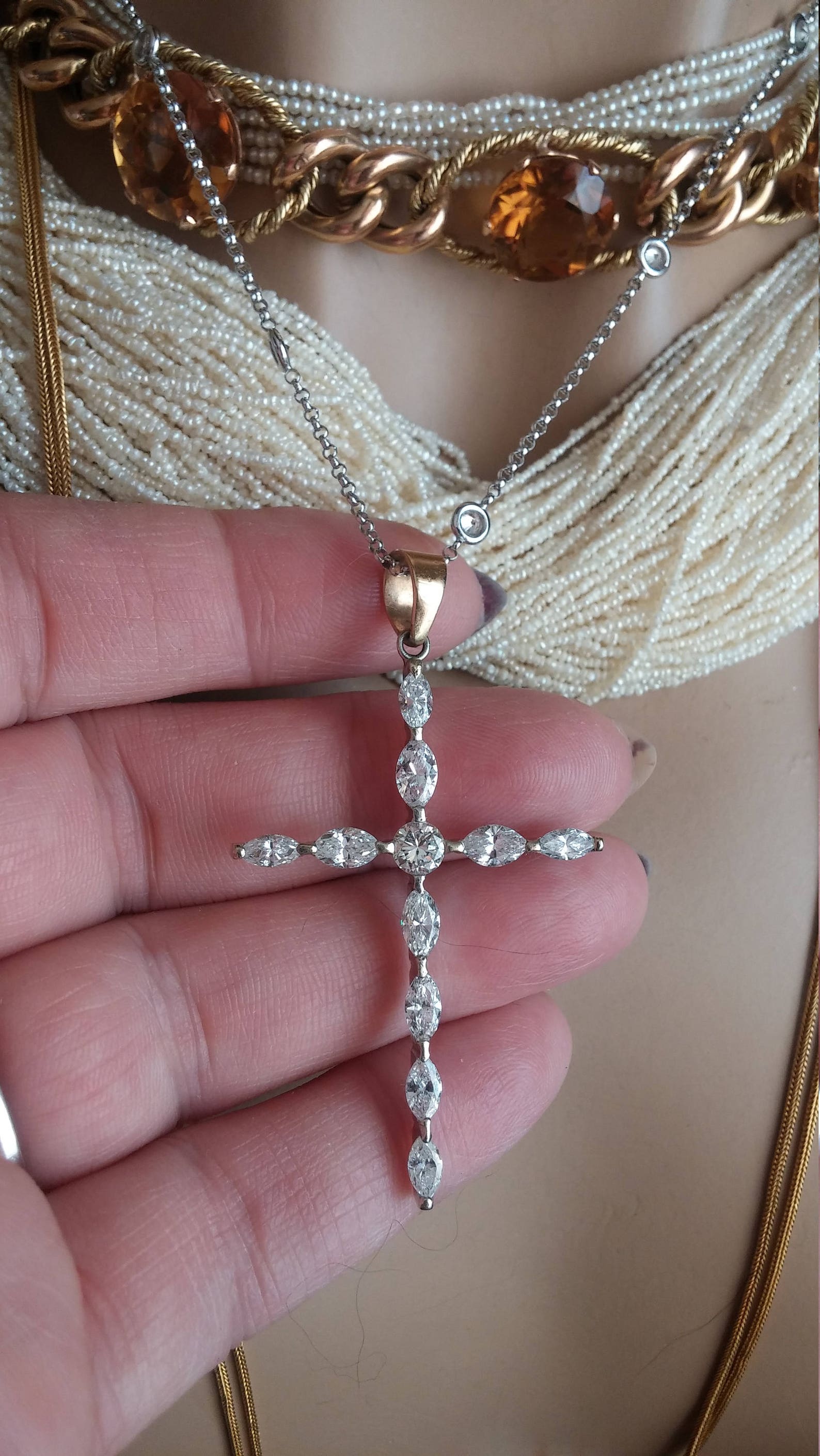 14k Gold 4ct Marquise Cut Diamond Cross Pendant Necklace Etsy