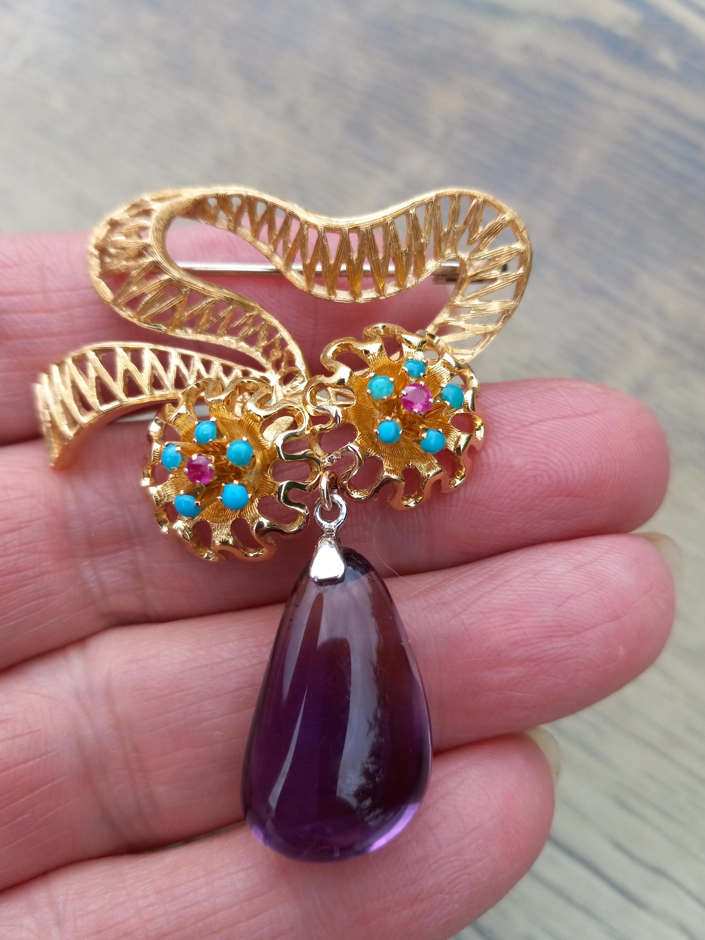 14k Gold Turquoise Amethyst Dangling Brooch Fabulous 18 Grams - Etsy