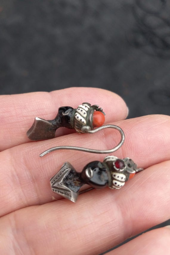 Victorian Silver Enamel Coral Ruby Blackmore Earr… - image 3