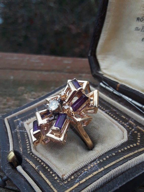 14k Gold Diamond Amethyst Modern Ring Wedding Eng… - image 6