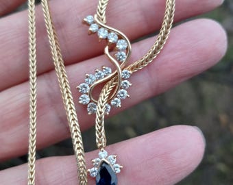 14k Good Diamond Blue Sapphire Pear Shaped Necklace Fabulous 13 Grams