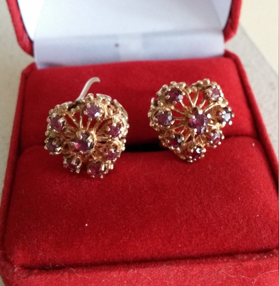 14k Gold Ruby Heart Shaped Vintage Earrings - image 1