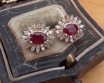 14k Gold Natural Ruby Diamond Halo Studs Earrings Fabulous