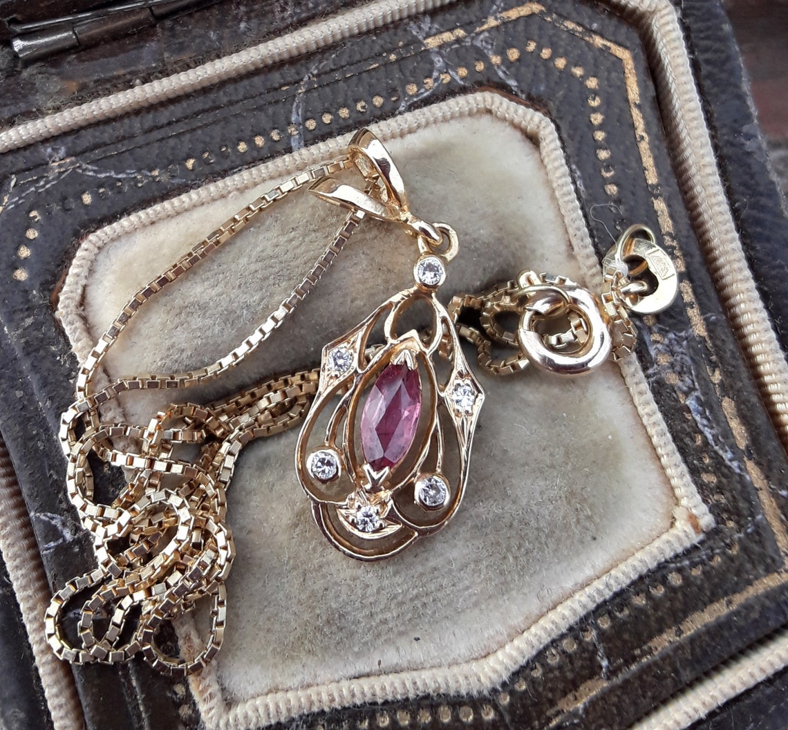 14k Gold Diamond Natural Ruby Pendant and Chain Necklace Fabulous - Etsy