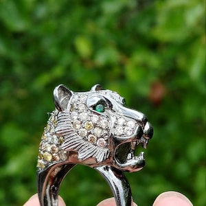 18k Gold 3ct Diamond Columbian Emerald Tiger Lion Panther Ring 10.9 Grams Unique One Of A Kind