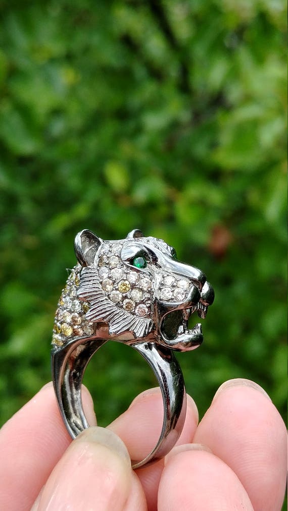 18k Gold 3ct Diamond Columbian Emerald Tiger Lion 