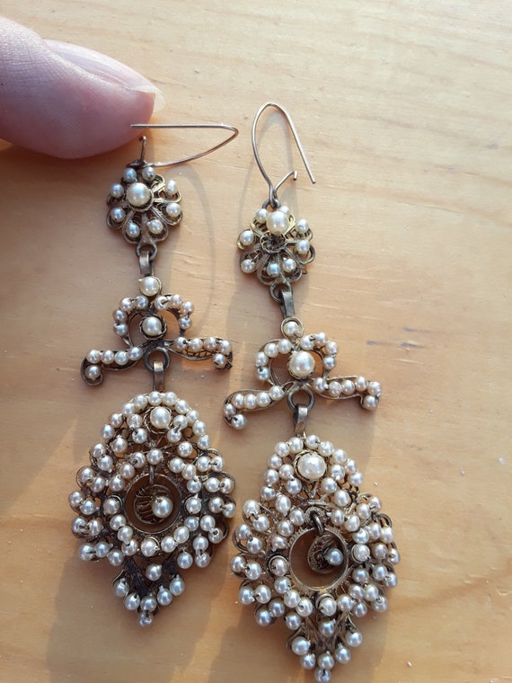 Antique Victorian Silver Seed Pearl Dangling Earri