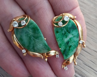 14k Gold Diamond Jade Leave Design Brooch PRICE FOR ONE Fabulous Pin