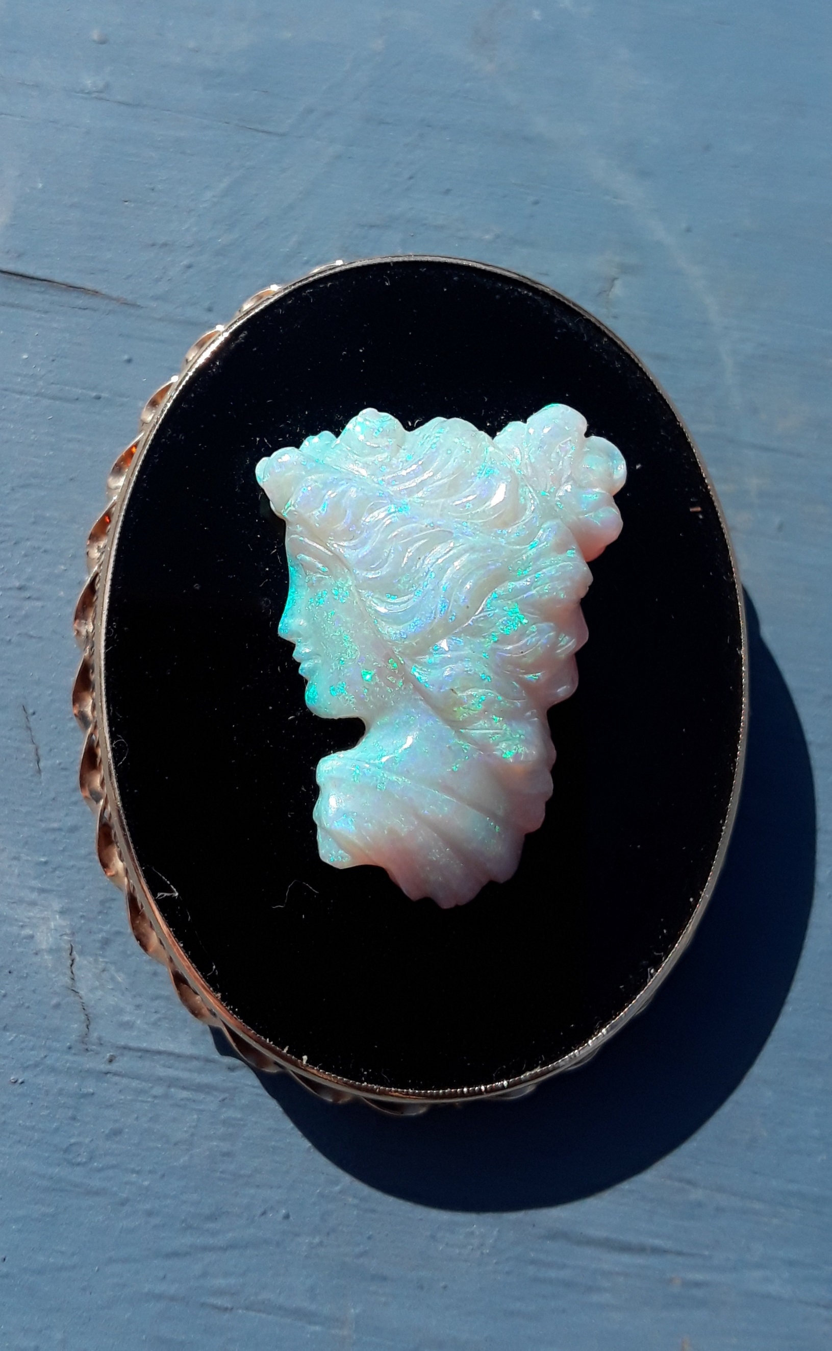 Victorian 14k Gold Black Onyx Australian Opal Cameo Brooch