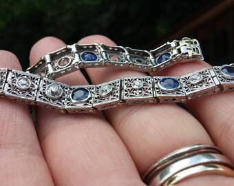 Antique Art Deco Diamond Bracelet with Sapphires White Gold & Silver - Once Upon A Diamond