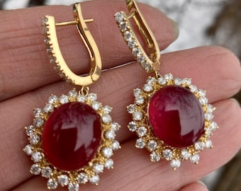 14k Gold Diamond Ruby Cabochon Dangling Earrings Fabulous