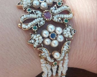 Victorian 12k Gold Seed Pearl Ruby Blue Sapphire Emerald Bracelet Exclusive One Of A Kind Museum Quality