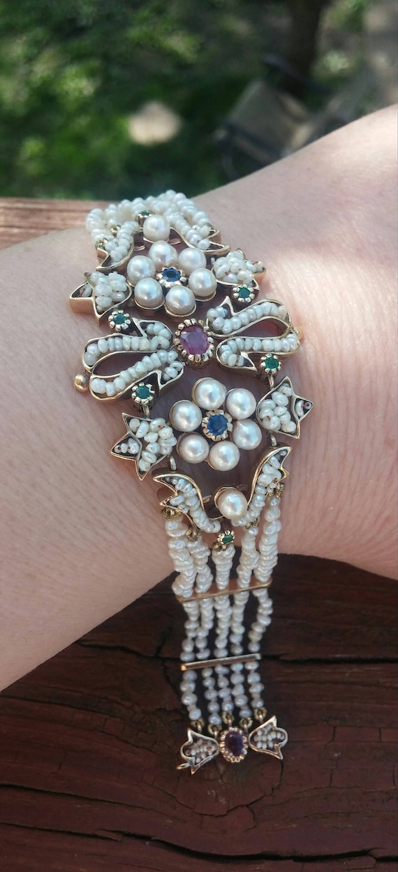 Victorian 12k Gold Seed Pearl Ruby Blue Sapphire Emerald Bracelet Exclusive One Of A Kind Museum Quality