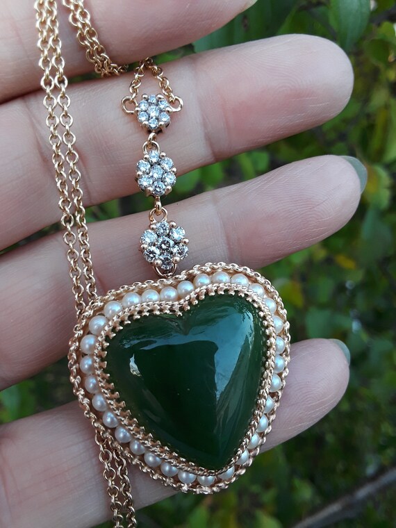 14k Gold Diamond Seed Pearl Jade Heart Pendant Wi… - image 3