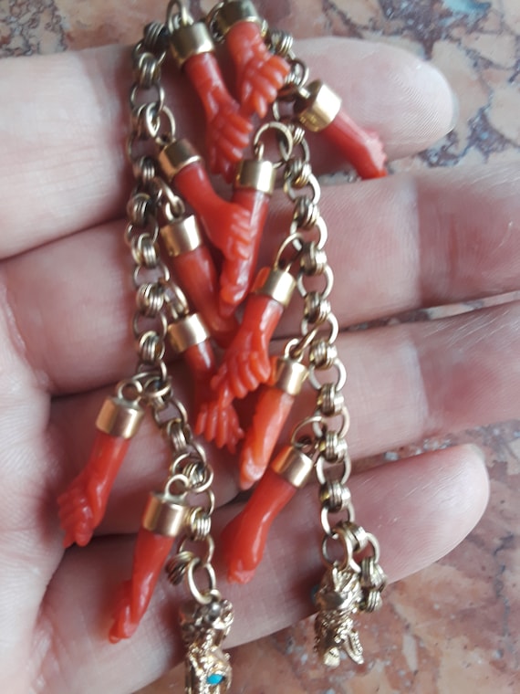 Victorian 14k Gold Red Coral Figa Charm Bracelet … - image 2