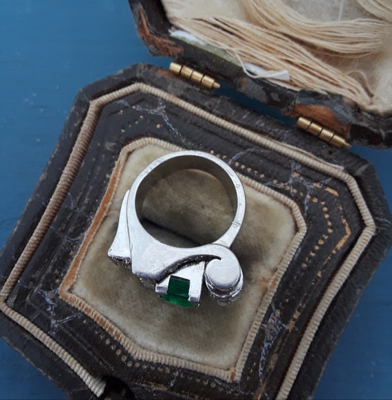 Palladium Rose Cut Diamond Natural Emerald Ring F… - image 4