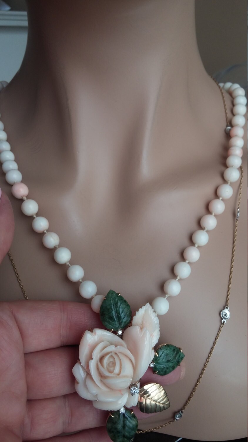 14k Gold Diamond Coral Jade Rose Brooch Pendant Pin Flower 34.4