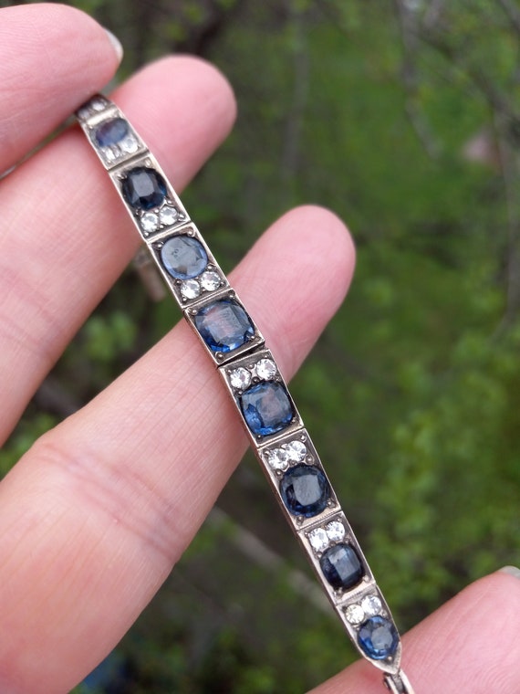 Art Deco Silver Natural Blue White Sapphire Brace… - image 7