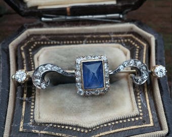Victorian 14k Gold 2ct Natural Blue Sapphire Old Mine Cut Diamond Brooch Exeptional One Of A Kind