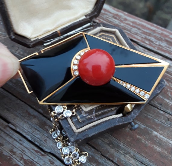 18k Gold Black Onyx Diamond Red Coral Brooch Pin … - image 5