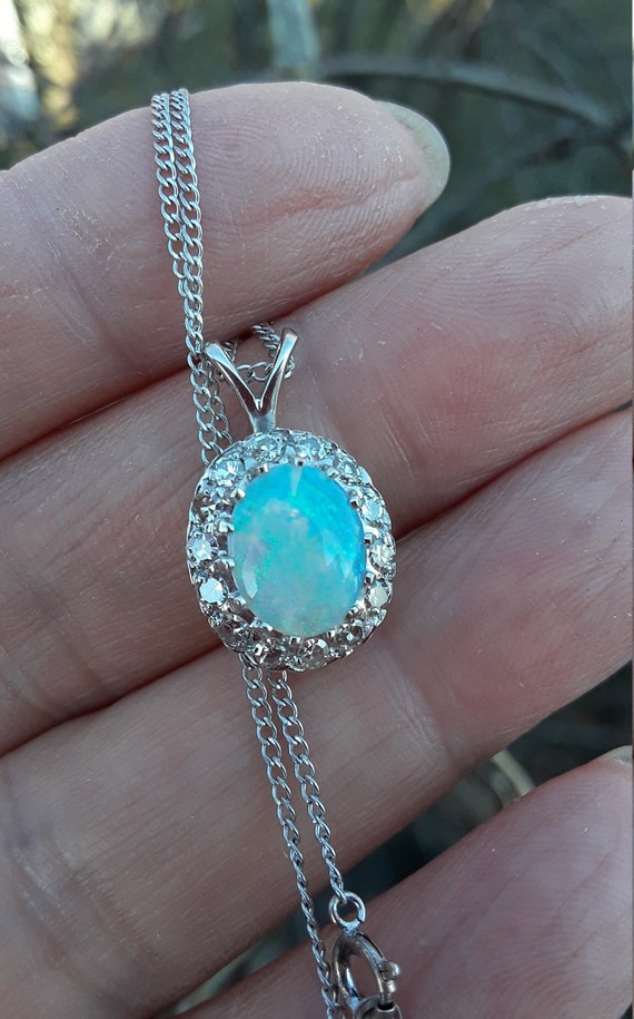 14k Gold Diamond Natural Opal Pendant With Chain … - image 1