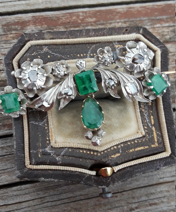 Georgian Emerald Rose Cut Diamond Brooch One Of A… - image 7
