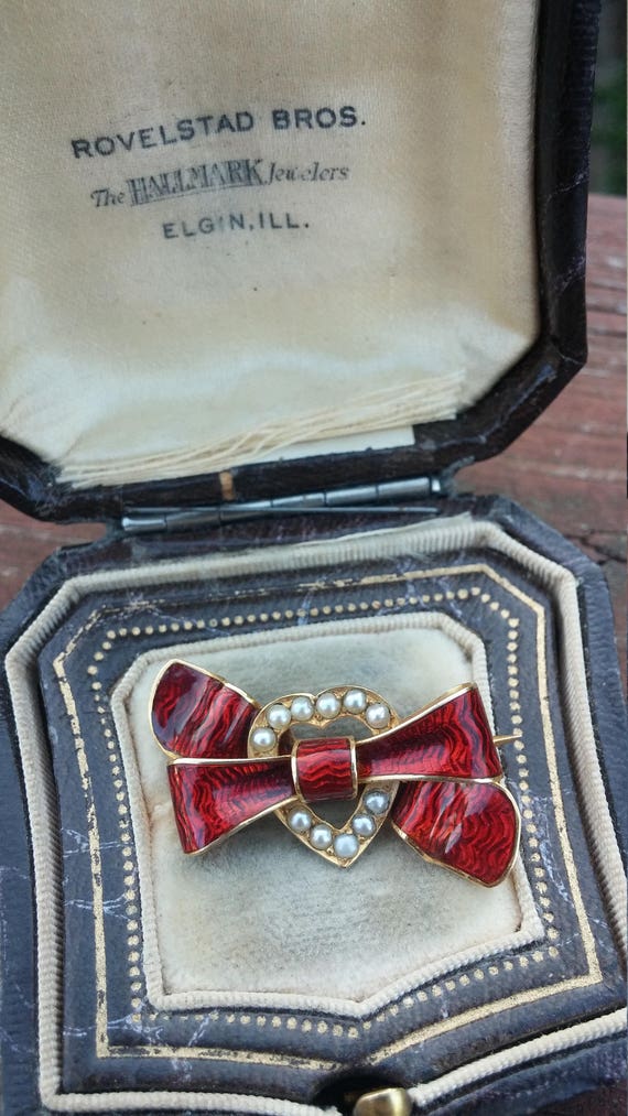 Victorian 14k Gold Seed Pearl Red Enamel Bow Brooc