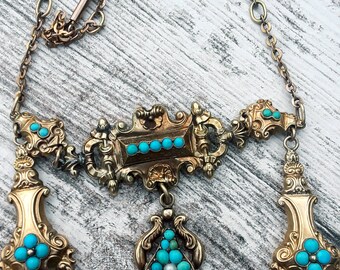 Georgian 10k Gold Turquoise Necklace Exclusive Fabulous One Of A Kind