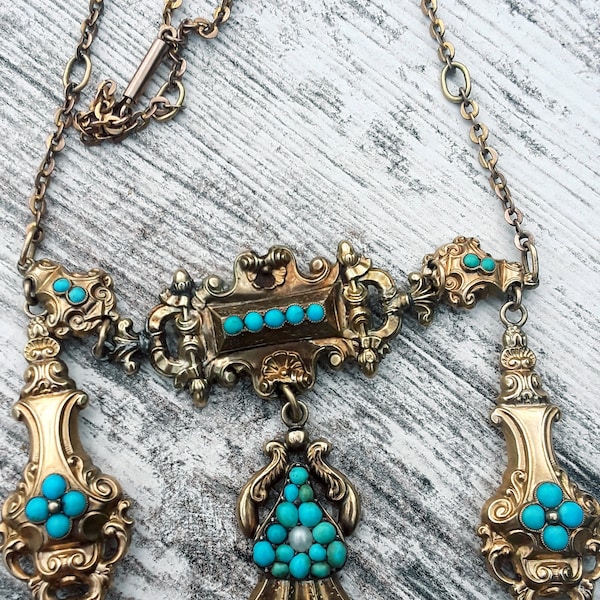 Georgian 10k Gold Turquoise Necklace Exclusive Fabulous One Of A Kind