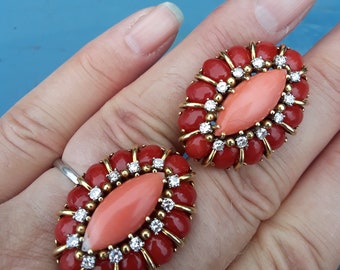 18k Gold Diamond OX Blood Red Salmon Sardinian Coral Earrings Clip Unique One Of A Kind 28.5 Grams Fabulous VIDEO AVAILABLE