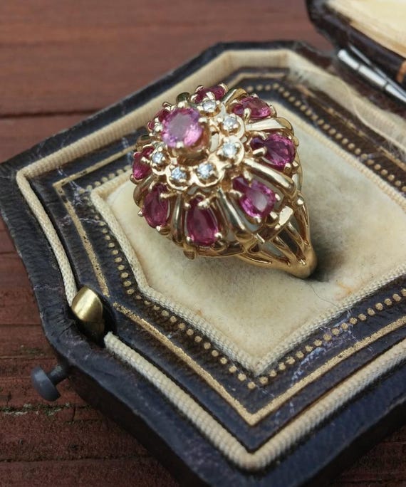 14k Gold Diamond Ruby Cascade Cocktail Ring - image 3