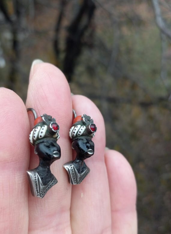 Victorian Silver Enamel Coral Ruby Blackmore Earr… - image 2