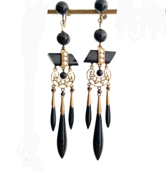 Victorian 14k Gold Black Onyx Seed Pearl Earrings… - image 5