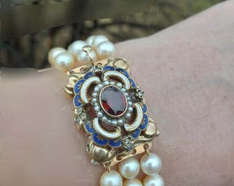 Victorian 14k Gold Garnet Seed Pearl Enamel Cultured Pearl Bracelet Fabulous 45 Grams One Of A Kind