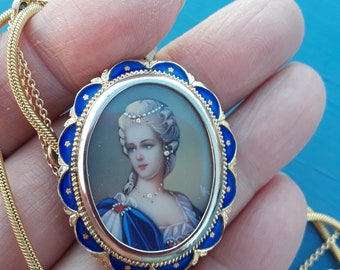 Victorian 14k Gold Blue Enamel Diamond Portrait Pendant Fabulous