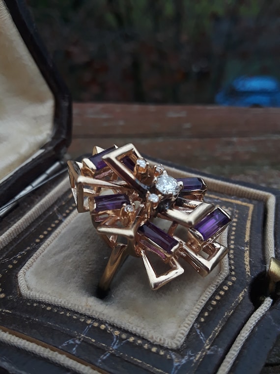 14k Gold Diamond Amethyst Modern Ring Wedding Eng… - image 2