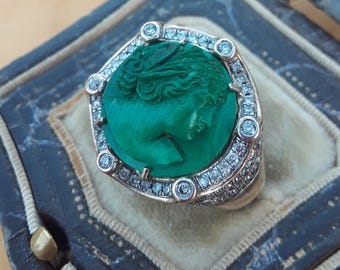 10ct Gold Diamond Malachite Cameo Ring Fabulous Exclusive Design One Of A Kind