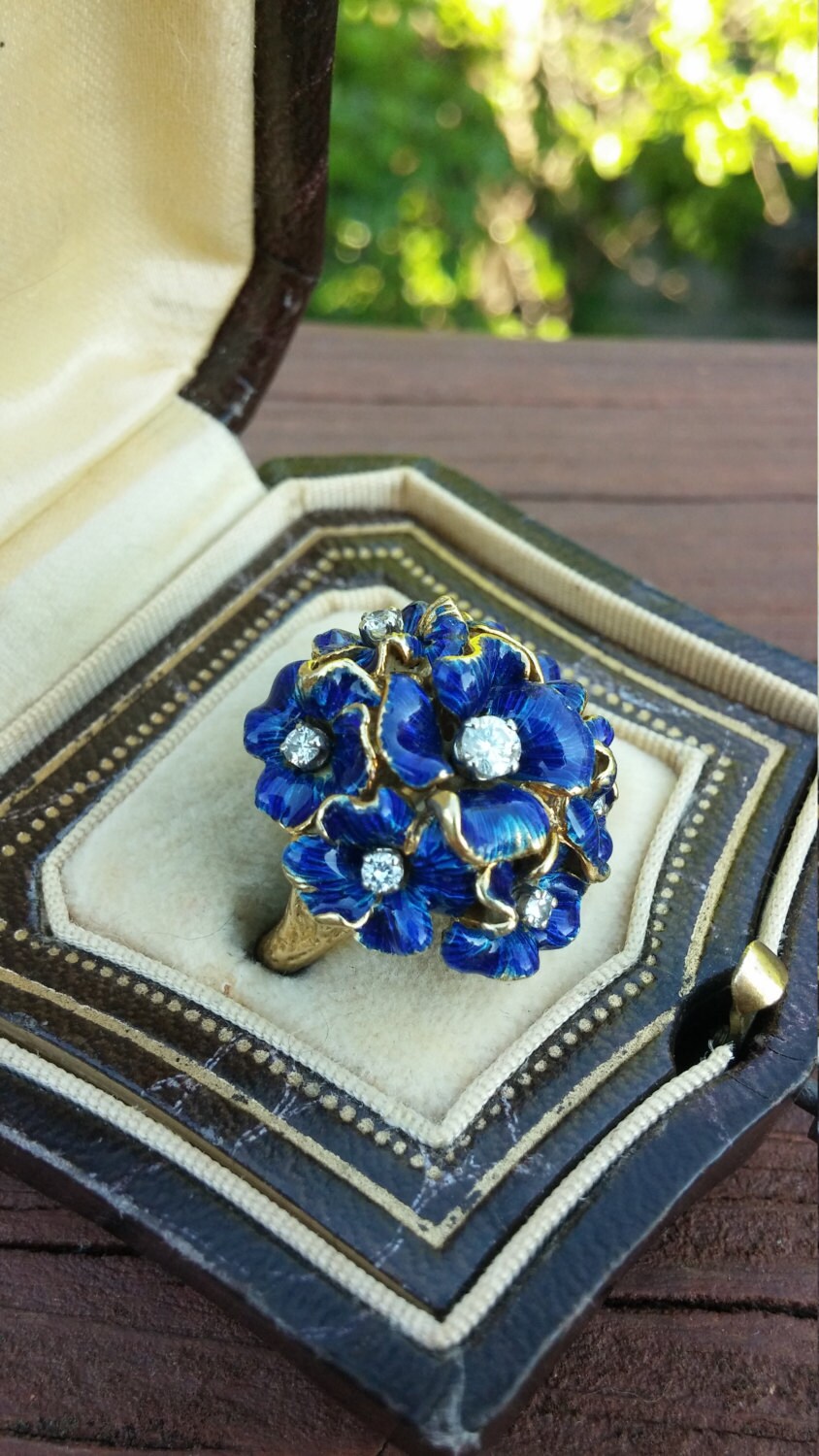 18k Gold Diamond Blue Enamel Flower Design Victorian Ring
