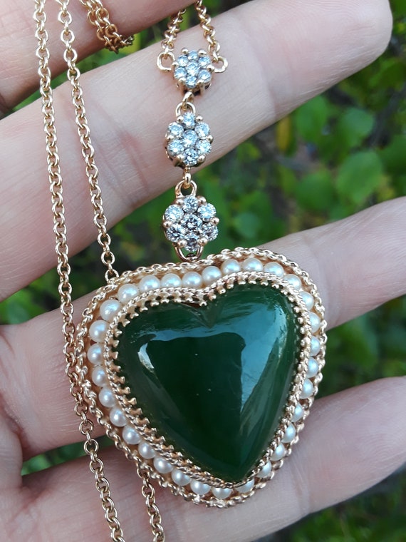 14k Gold Diamond Seed Pearl Jade Heart Pendant Wi… - image 5