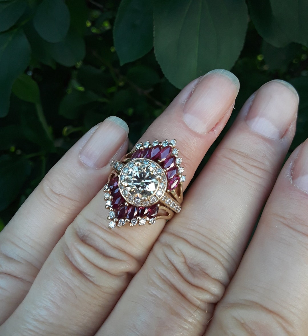 14k Gold 1.25ct Champagne Candlelight Diamond Center Ruby Ring Guard ...