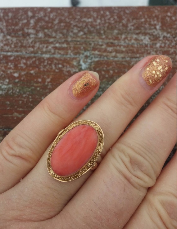 14k Gold Coral Filigree Ring