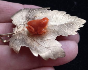14k Gold Natural Coral Frog Brooch Pin Fabulous One Of A Kind Large