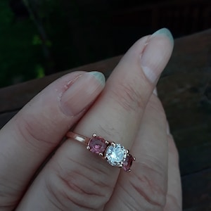 14k Gold 0.65ct Center Diamond Pink Sapphire Wedding Engagement Cocktail Past Present Future Ring