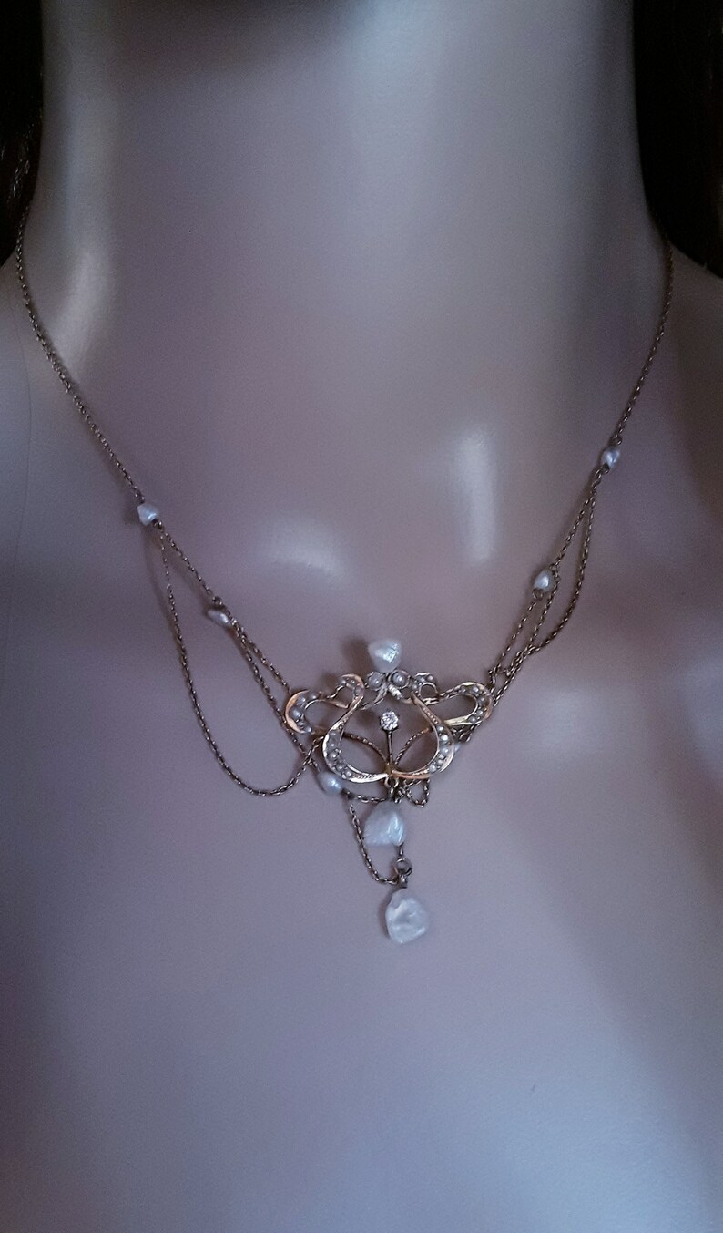 Art Nouveau 14k Gold Pearl Diamond Necklace Choker 15.5 Inches Fabulous ...