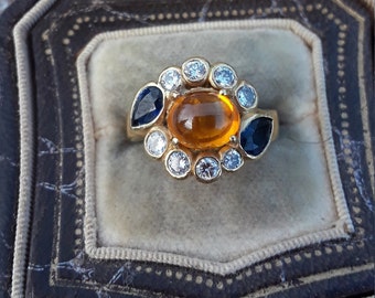 14k Gold Diamond Blue Sapphire Yellow Sapphire Cabochon Ring