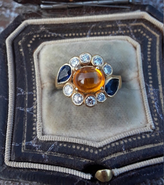 14k Gold Diamond Blue Sapphire Yellow Sapphire Cab