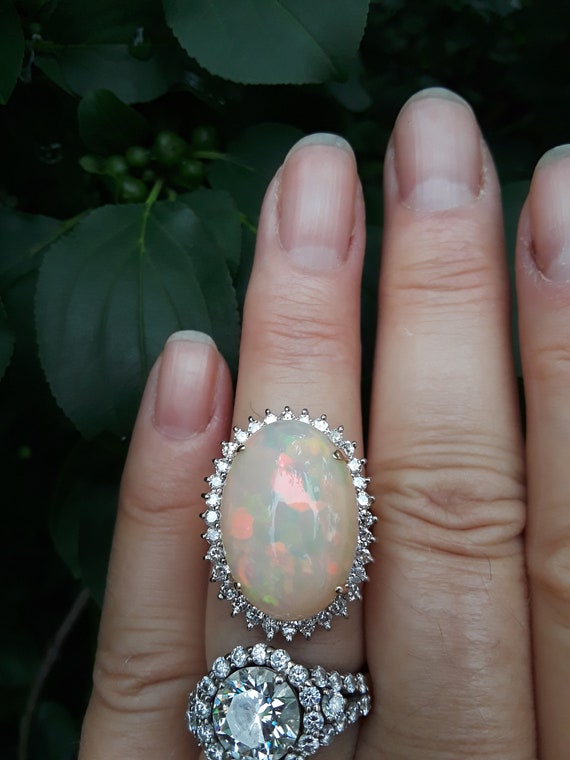 14k Gold 12ct Opal 1ct Diamond Wedding Engagement… - image 5