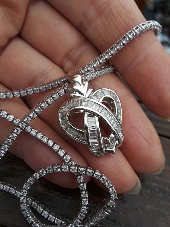14k Gold 3ct Baguette Diamond Heart Shaped Pendant